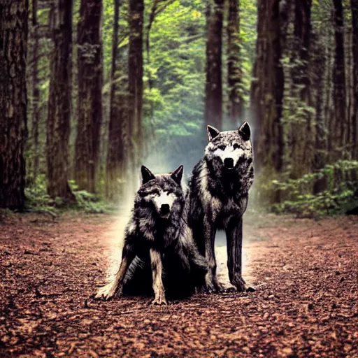 Image similar to werecreature consisting of! human and wolf, profressional photograph captured in a forest