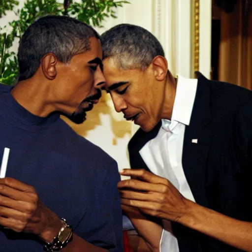 Image similar to a photograph of tupac and barack obama smoking a joint together at the white house in 2 0 0 8, 4 k