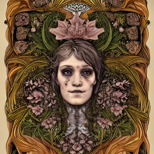 Image similar to a beautiful detailed front view portrait of a rotten woman corpse with fractal plants and fractal flowers and mushrooms growing around, symmetrical, ornate, ornamentation, illustration, in the style of art nouveau