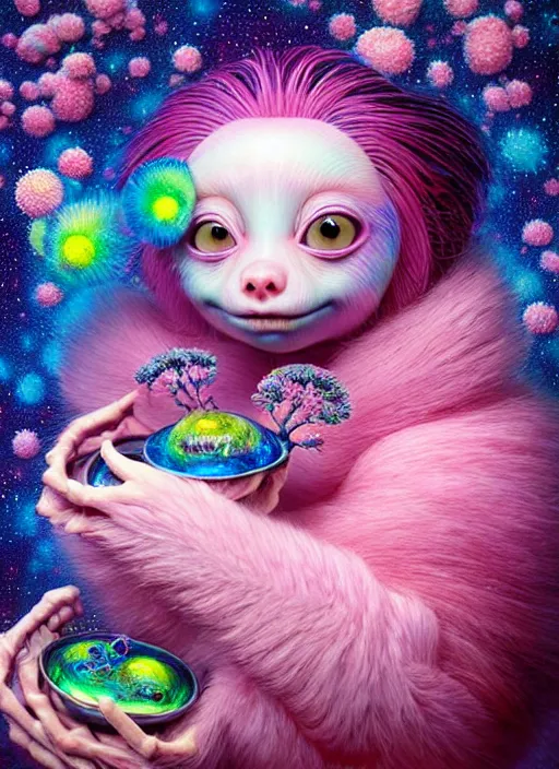 Prompt: hyper detailed 3d render like a Oil painting - kawaii portrait Aurora (a skeksi from dark crystal) seen Eating of the Strangling network of yellowcake aerochrome and milky Fruit and His delicate Hands hold of gossamer polyp blossoms bring iridescent fungal flowers whose spores black the foolish stars by Jacek Yerka, Ilya Kuvshinov, Mariusz Lewandowski, Houdini algorithmic generative render, Abstract brush strokes, Masterpiece, Edward Hopper and James Gilleard, Zdzislaw Beksinski, Mark Ryden, Wolfgang Lettl, hints of Yayoi Kasuma, octane render, 8k