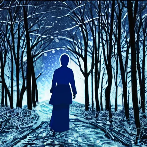 Prompt: strange girl with blue eyes. walking in the forest at night. full moon. hyper detailed. soviet propaganda. socialist realism. beautiful and eerie. it is snowing