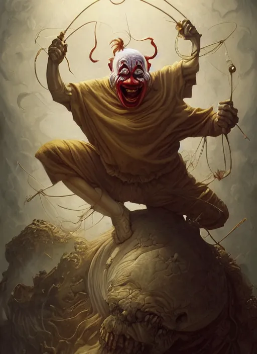 Prompt: too friendly clown, centered, digital painting, smooth, sharp focus, illustration, artgerm, tomasz alen kopera, peter mohrbacher, donato giancola, joseph christian leyendecker, wlop, frank frazetta