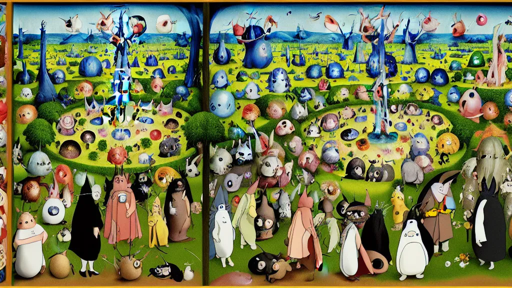 Prompt: garden of earthly delights by studio ghibli. totoro. digital painting. digital render. hieronymus bosch