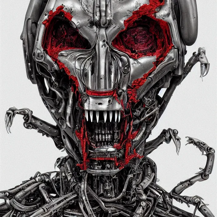 Image similar to in the art style of H.R. Giger a portrait of an evil, demented battle-damaged ruby Ultron from Age of Ultron, clockwork steampunk, head and chest only, by Beksinski, 4k, deviantart, trending on artstation, bio-chemical, bionic, fiber-optics, wires, electrical, short circuit, robocop, terminator, t-800, T-1000, endoskeleton, steampunk