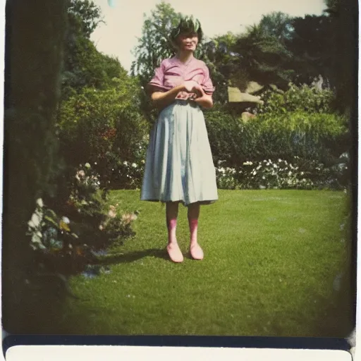 Prompt: woman standing in a french garden, unidentified being lurking behind her, bright summer day, washed out colors, polaroid