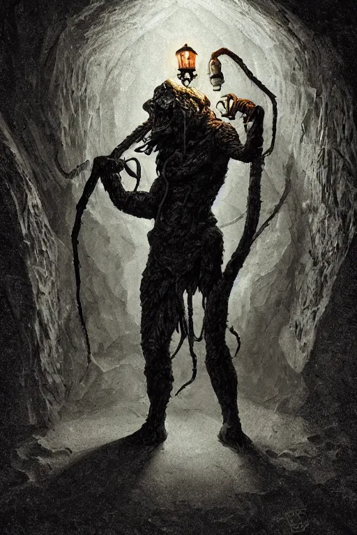 Image similar to an old - fashioned explorer with a lamp, in a dark tunnel with a monstrous spider behind him, in the style of gerald brom, dramatic lighting, low angle, wide angle, fantasy art, highly detailed digital art