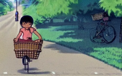 Prompt: a girl riding a bike with a basket in a small town, 1970s philippines, art by hayao miyazaki, studio ghibli film, hi res, 4k, detailed!!!!!!! face!!!!!!!