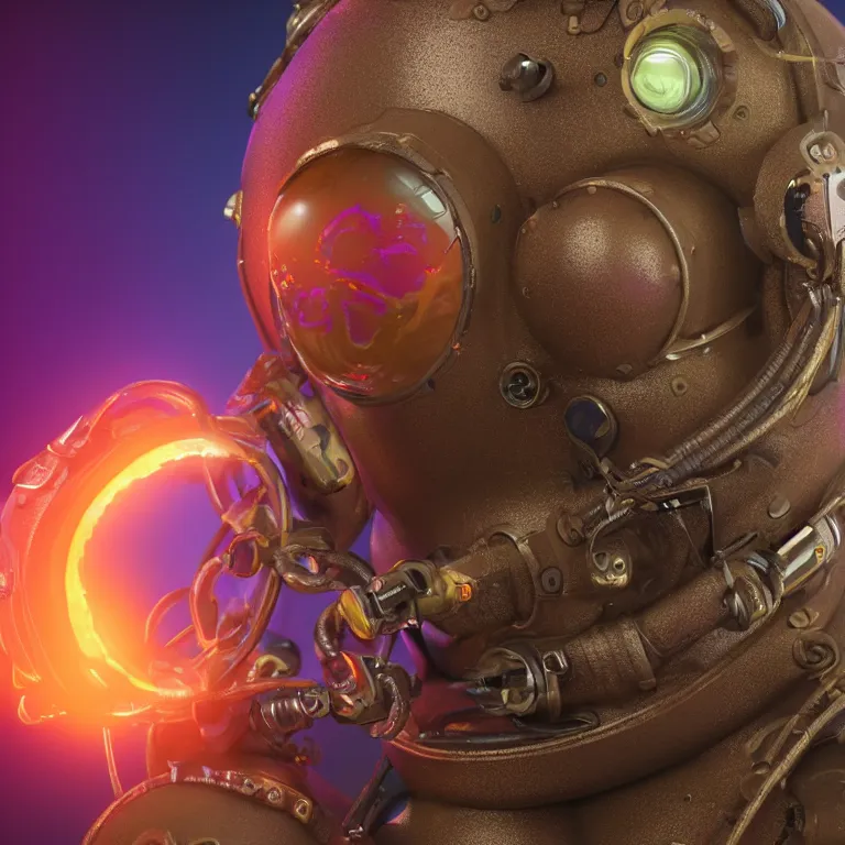 Image similar to octane render portrait by wayne barlow and carlo crivelli and glenn fabry, a psychedelic old timey diving suit filled with glowing fluid and made of clear plastic, cinema 4 d, ray traced lighting, very short depth of field, bokeh