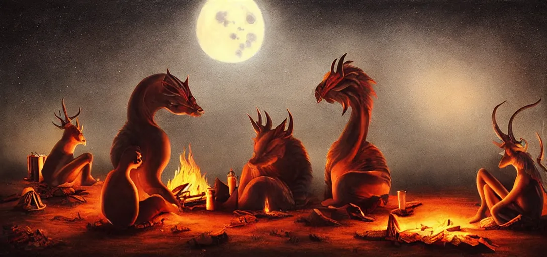 Image similar to strange mythical beasts of sitting around a fire under a full moon, surreal dark uncanny painting by ronny khalil