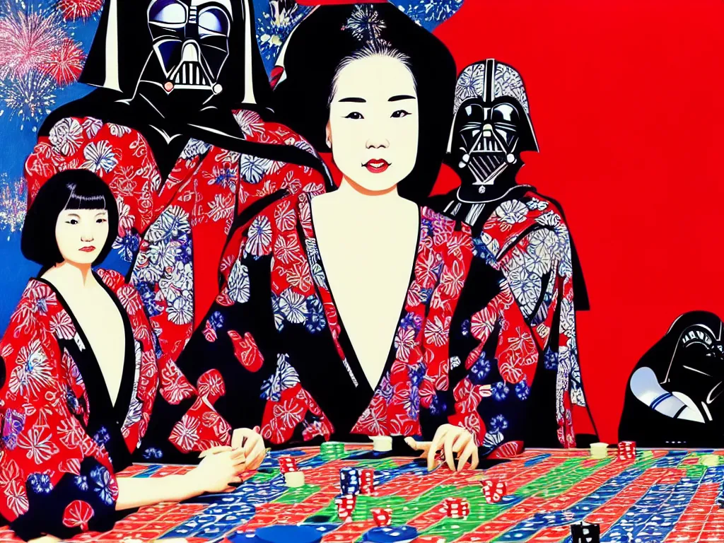 Image similar to hyperrealism composition of the detailed woman in a japanese kimono sitting at an extremely detailed poker table with darth vader, fireworks on the background, pop - art style, jacky tsai style, andy warhol style, acrylic on canvas