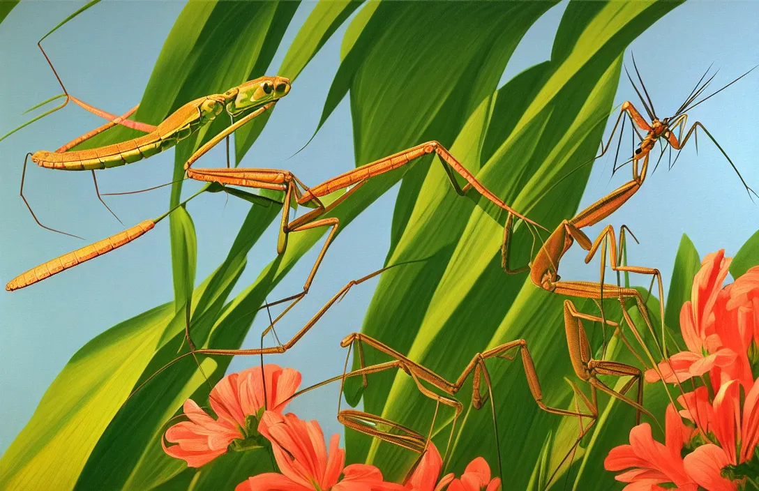 Image similar to implied lines, 4 k criterion collection remastered cinematography a praying mantis eating a dragonfly, photo realistic postprocessing interpolated by syd mead, claude gellee painting by james audubon