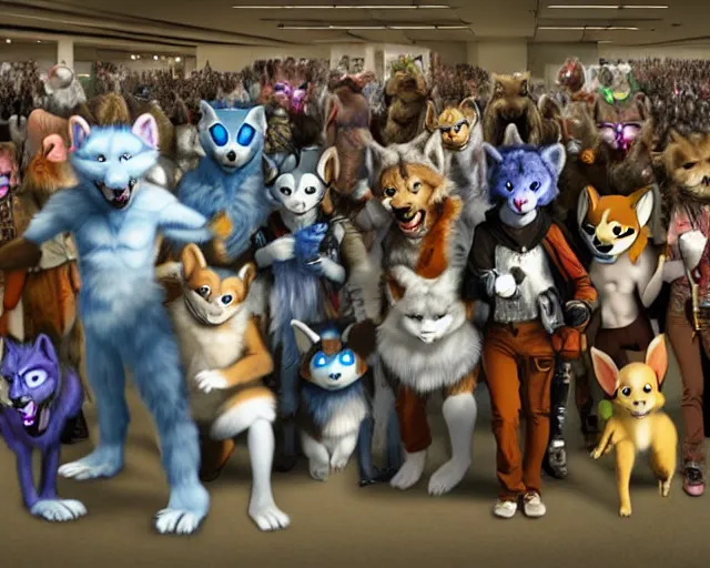 Image similar to high - resolution photograph from a nanopunk era furry fandom convention ( midwest furfest 2 0 4 7 ), taking place after the genetic revolution and singularity. photorealistic.