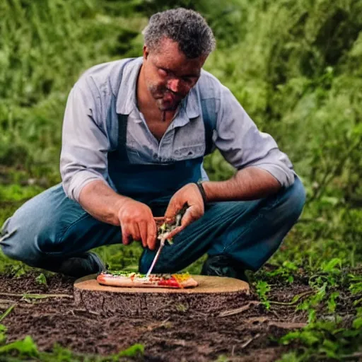 Image similar to a man eating a slice of earth with knife and fork