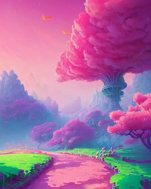 Image similar to candyland landscape | candies desserts cherry - blossoms | highly detailed | very intricate | fantasy whimsical magical | soft bright natural morning light | pixar | award - winning | matte painting by anton fadeev and paul lehr and rhads and alena aenami | pastel color palette | featured on artstation