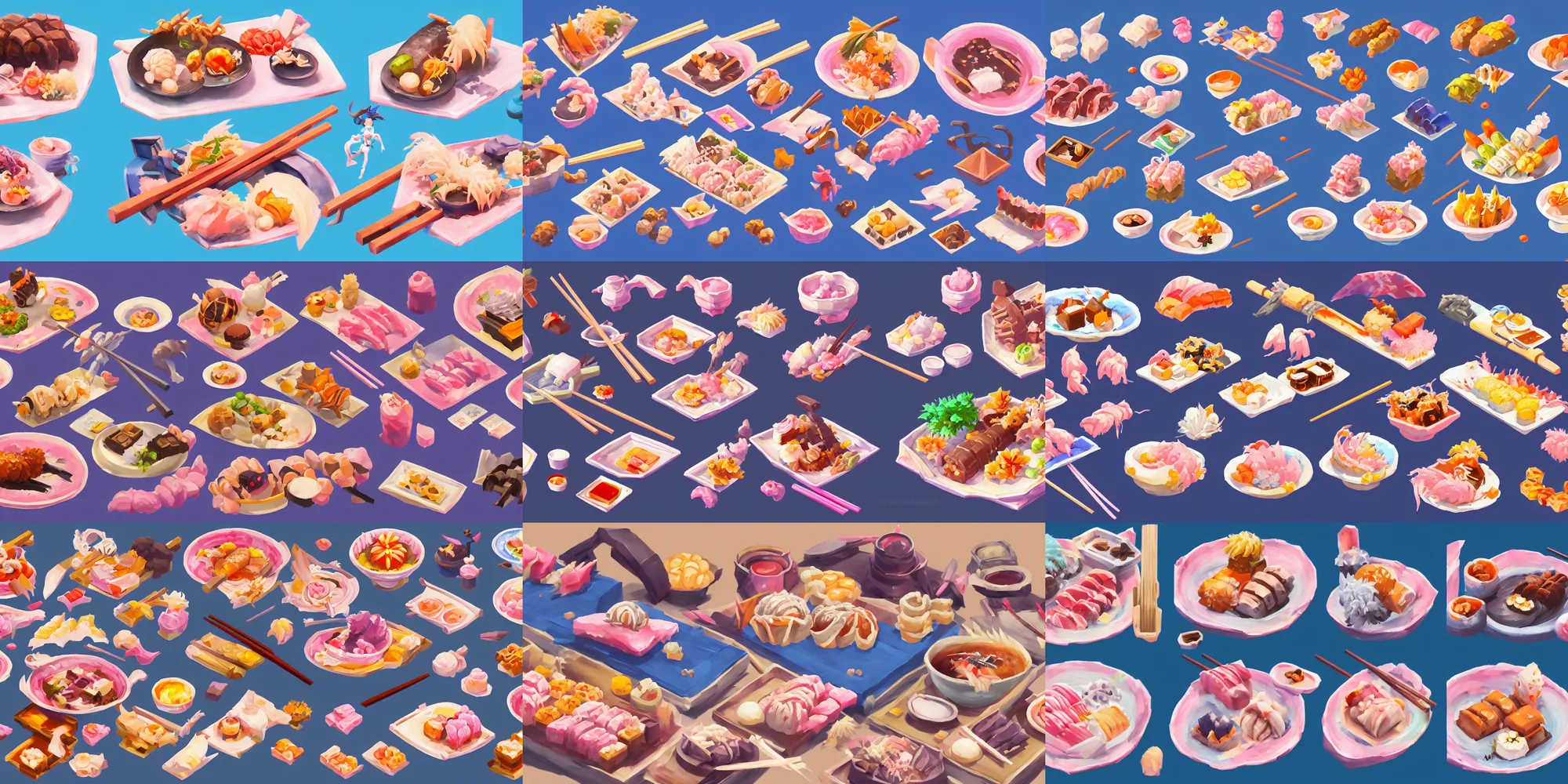 Prompt: game asset of delicious japanese cuisine and dessert, in gouache detailed paintings, props, stylized, 2 d sprites, kitbash, arcane, overwatch, blue and pink color scheme, 8 k, close up