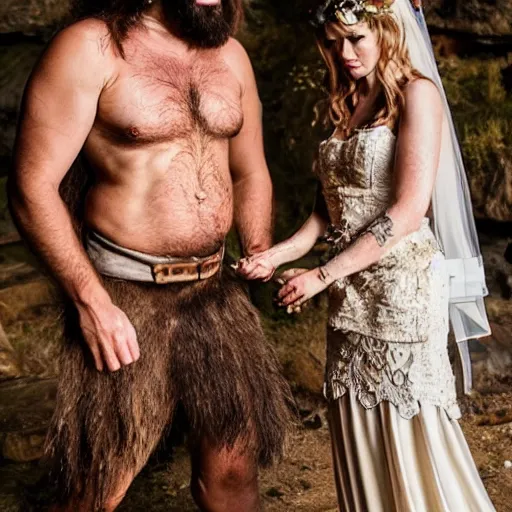 Image similar to caveman getting married in real life, intricate, highly detailed, detailed, hyper realistic, 4 k, 8 k uhd, realistic, great detail