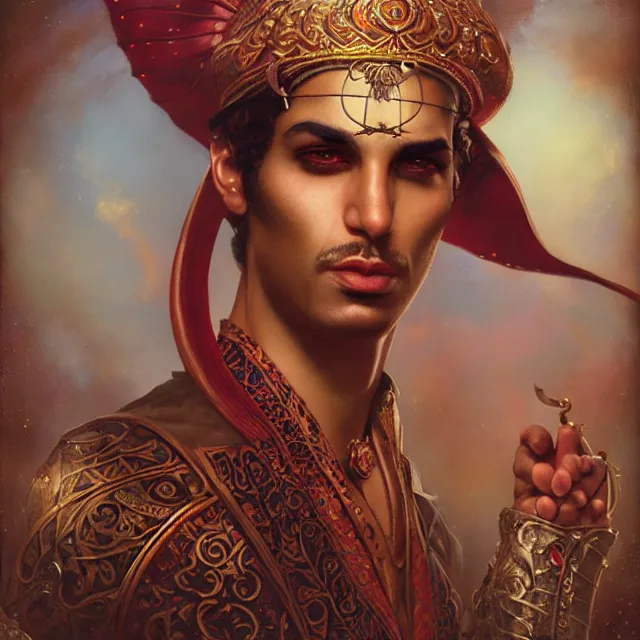 Image similar to portrait of a magical persian male genie, art by tom bagshaw and manuel sanjulian and franz xaver kosler