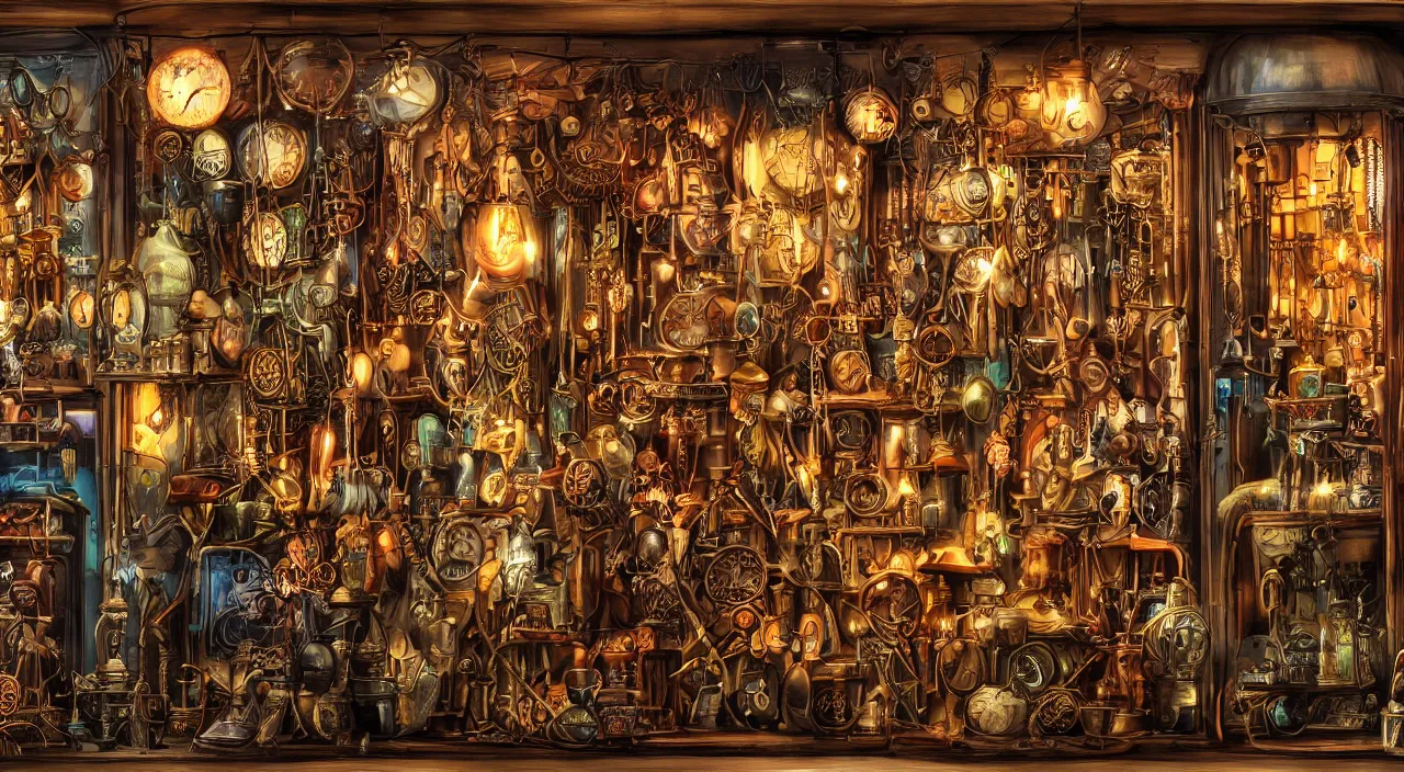 Image similar to steampunk shop window by don bluth, darkness, neon lights, photo realistic, completely filled with interesting oddities, things hanging from ceiling, light bulbs, cinematic