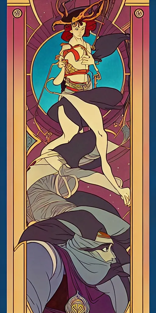 Prompt: the fool, rider tarot card with an art deco boarder, high quality, digital painting, by don bluth and ross tran and studio ghibli and alphonse mucha, artgerm