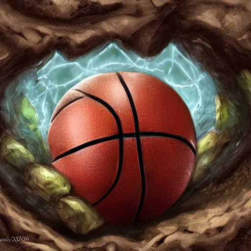 Image similar to a mimic disguised as a basketball inside of a cave gnarling it's teeth ready to attack, fantasy, digital painting