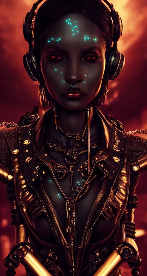 Image similar to soft lustrous ebony dark biotech raver gothic cyborg gutter punk, earbuds, golden ratio, details, scifi, fantasy, cyberpunk, intricate, decadent, highly detailed, digital painting, octane render, artstation, concept art, smooth, sharp focus, illustration, art by artgerm, loish, wlop