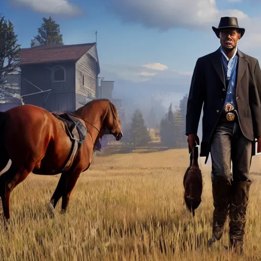 Image similar to Obama from Red Dead Redemption 2 riding a horse next to a train, ray tracing, 8k by artgerm and greg rutkowski