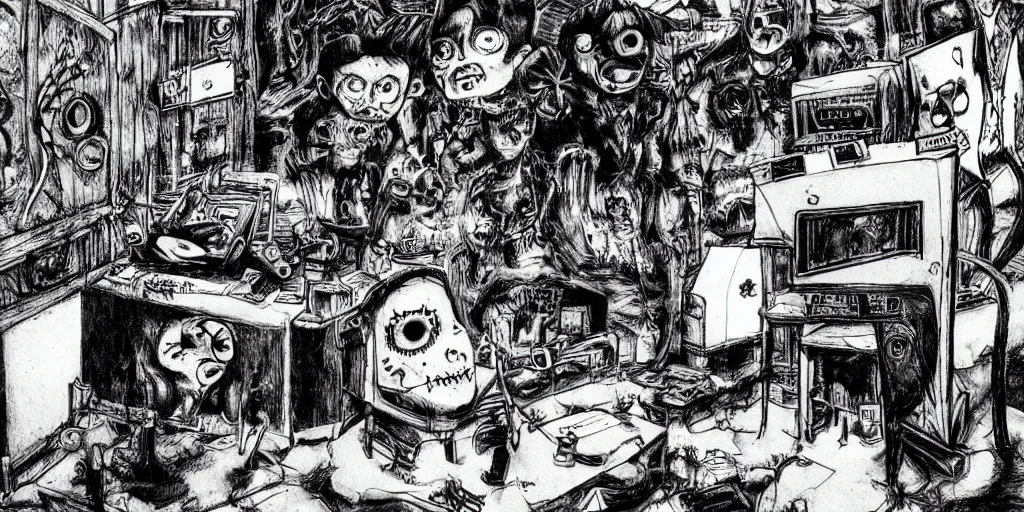 Prompt: A room with a tv and video-game, horror, creepy, dark, manga, hq, pencil, inspired by junji ito, superior quality, masterpiece