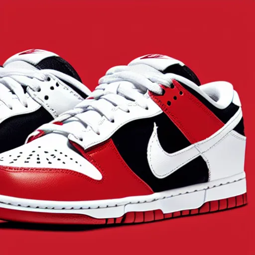 Image similar to a press photograph of nike dunk low red and white, size 1 0, white background