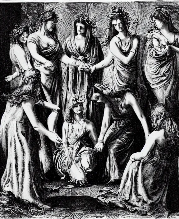 Image similar to a group of pagan female sorcerers performing a fertility ritual