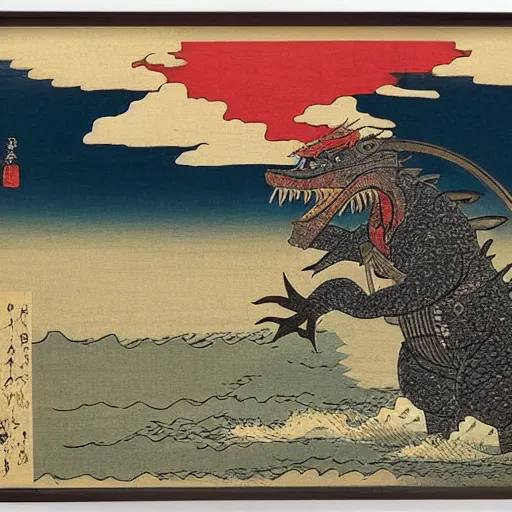 Image similar to samurai on a beach facing the sea, godzilla coming out of water causing a tsunami, ukiyo - e, japanese wood painting