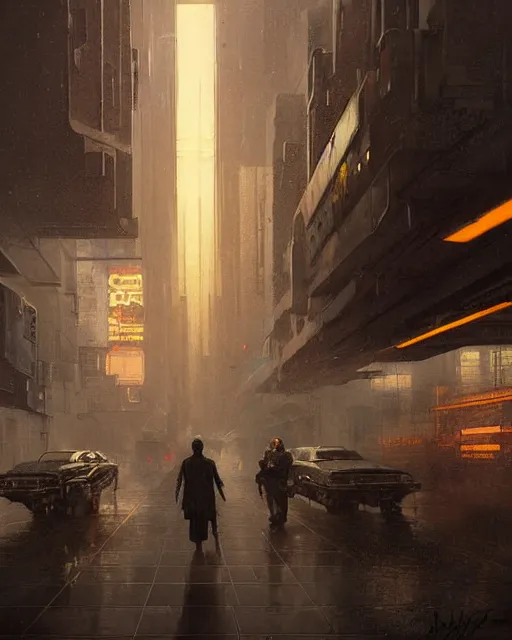 Image similar to a highly detailed epic cinematic concept art CG render digital painting artwork: Blade runner android. By Greg Rutkowski, in the style of Francis Bacon and Syd Mead and Norman Rockwell and Beksinski, open ceiling, highly detailed, painted by Francis Bacon and Edward Hopper, painted by James Gilleard, surrealism, airbrush, Ilya Kuvshinov, WLOP, Stanley Artgerm, very coherent, triadic color scheme, art by Takato Yamamoto and James Jean