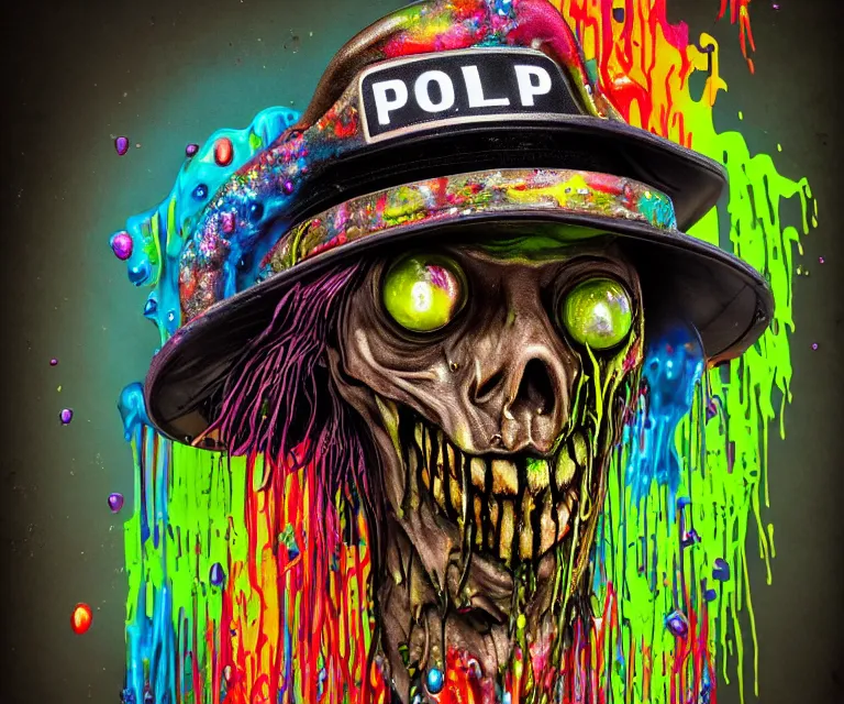 Image similar to beautiful 3 5 mm photograph of a slimy rotting zombie wearing a police uniform and police hat covered in colorful wet goop, dripping with colorful liquid, policeman, cop, biocop, intricate details, dark ambient, service cap, atmospheric, movie poster, poster, horror, elegant, super highly detailed, professional digital photo, artstation, concept art, 8 k