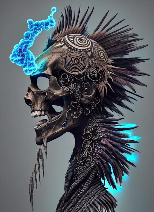 Image similar to 3 d shaman with tattoos profile portrait, sigma 5 0 0 mm f / 5. beautiful intricate highly detailed quetzalcoatl skull and feathers. bioluminescent, plasma, lava, ice, water, wind, creature, thunderstorm! artwork by tooth wu and wlop and beeple and greg rutkowski, 8 k trending on artstation,