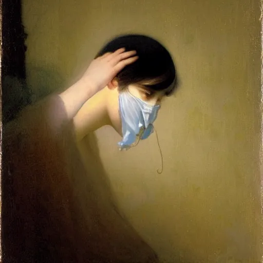 Image similar to a young woman’s face, her hair is white, her eyes are covered with a flowing blue satin blindfold, by ivan aivazovsky and alma tadema and and willen claesz heda and aelbert cuyp and gerard ter borch