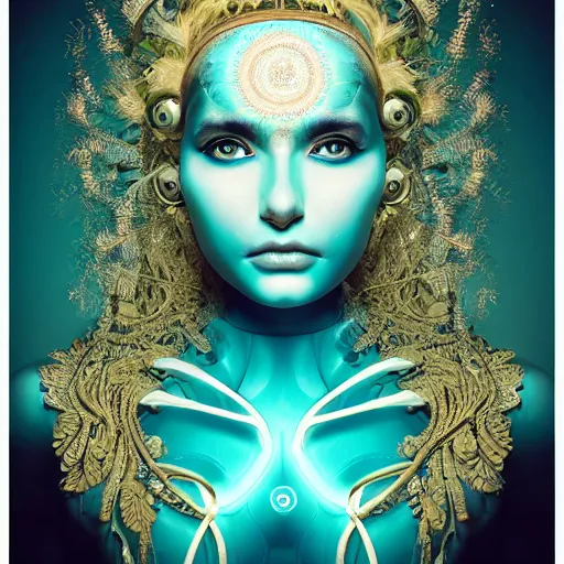 Image similar to a beautiful intricate fine art portrait photo of an indian cyborg with bionic implants, epic wavy hair spread out around her lined with white hibiscus, lying on a glowing mandala, by natalie shau and james christensen, masterpiece!, turquoise blue face, mechanical robot body, top view, studio lighting, golden ratio composition, 3 5 mm lens, deep depth of field, artstation, 8 k