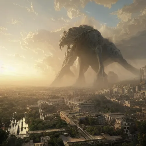 Prompt: enormous creature looming above a city, seen from a distance, volumetric lighting, 8 k octane beautifully detailed render, post - processing, extremely hyper - detailed, intricate, epic composition, cinematic lighting, masterpiece, trending on artstation, masterpiece, stunning art by anders zorn, wonderful masterpiece by greg rutkowski, beautiful cinematic