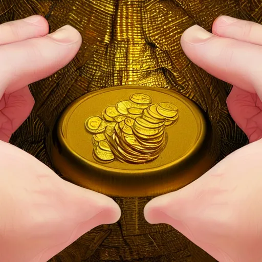 Prompt: Closeup shot of ethereal golden coins floating above an open hand, digital illustration