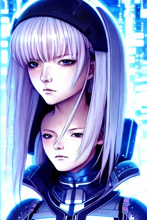 Image similar to portrait Anime girl in cyberpunk armor, cute-fine-face, white-hair pretty face, realistic shaded Perfect face, fine details. Anime. realistic shaded lighting by Ilya Kuvshinov katsuhiro otomo ghost-in-the-shell, magali villeneuve, artgerm, rutkowski, WLOP Jeremy Lipkin and Giuseppe Dangelico Pino and Michael Garmash and Rob Rey