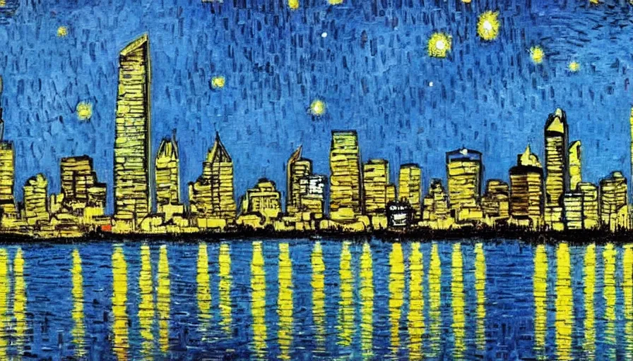 Image similar to perth skyline painted in the style of van gogh,