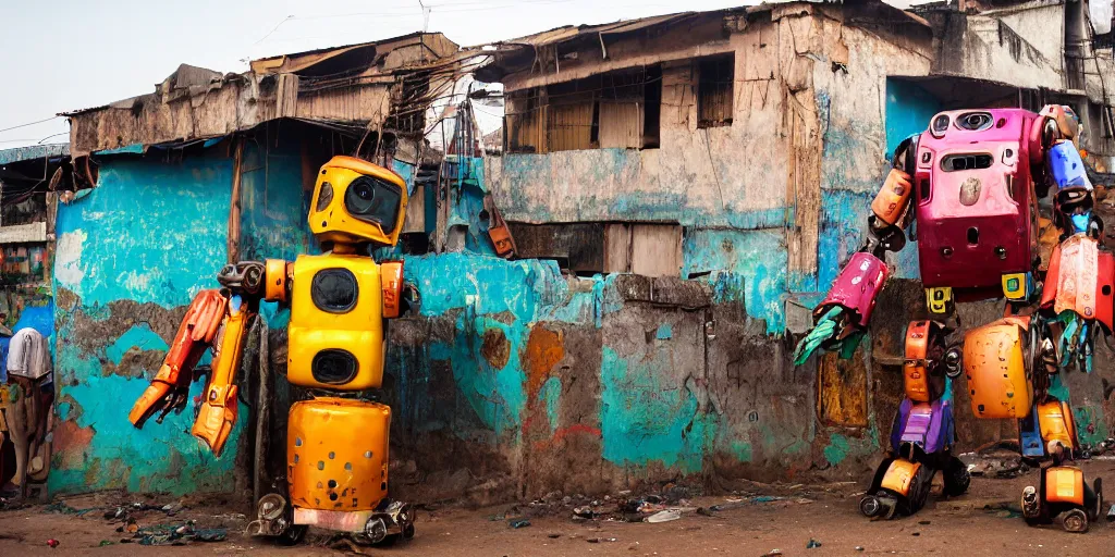 Image similar to colourful - damaged - giant mecha ROBOT of AJEGUNLE SLUM in Lagos, markings on robot, house are neon lit, Golden Hour,