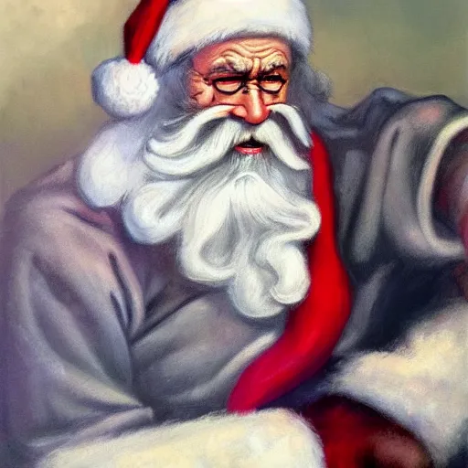 Prompt: an ultra - realistic portrait painting of santa claus in the style of frank frazetta. 4 k. ultra - realistic. highly detailed. dark fantasy. epic lighting.