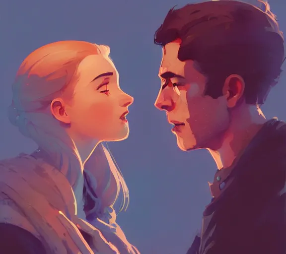 Image similar to portrait of john kissing sansa by atey ghailan, by greg rutkowski, by greg tocchini, by james gilleard, by joe fenton, by kaethe butcher, dynamic lighting, gradient light blue, brown, blonde cream and white color scheme, grunge aesthetic