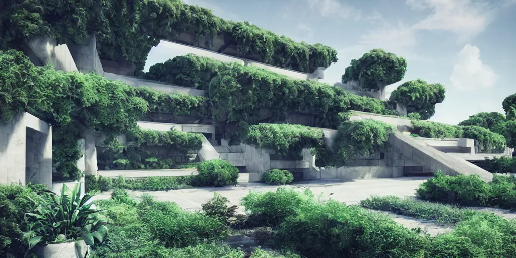 Prompt: “verdant classical garden based on the brutalist architecture of carlo scarpa, sci-fi, light blue sky with clouds, dramatic matte painting, style by syd mead, 8k, octane render, photorealistic, hyperrealism”