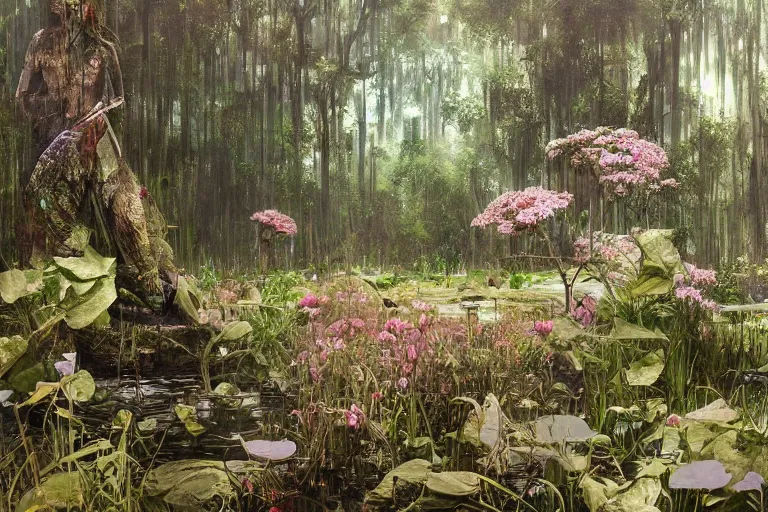 Image similar to hyperrealism, scene from louisiana swamps, starship, spring blooming flowers garden, true detective, 8 0 s japanese sci - fi books art