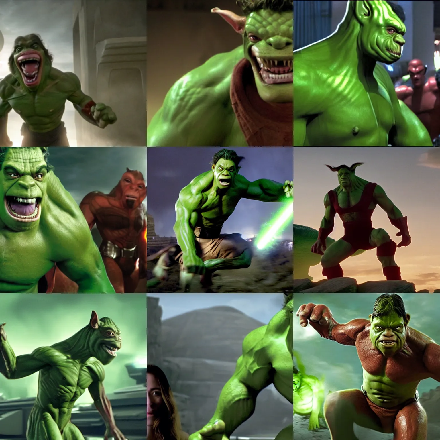 Prompt: jar jar binks from star wars as the hulk in the avengers ( 2 0 1 2 ), cinematography