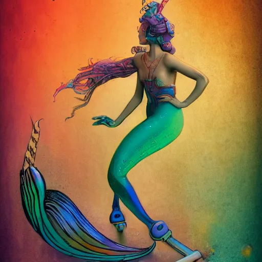 Prompt: mermaid on roller skates by william barlowe and pascal blanche and tom bagshaw and elsa beskow and enki bilal and franklin booth, neon rainbow vivid colors smooth, liquid, curves, very fine high detail 3 5 mm lens photo 8 k resolution