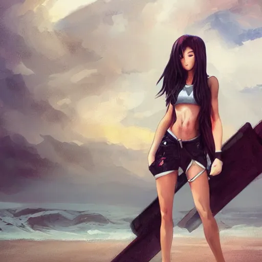 Image similar to Tifa standing at a beach, fullbody, character design by charles bowater, greg rutkowski, ross tran,hyperdetailed,hyperrealistic,4k,deviantart,artstation,professional photography, concept art, digital art