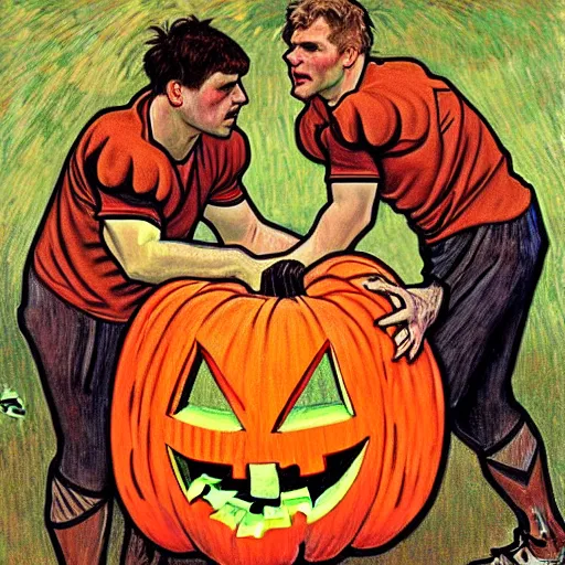 Image similar to painting of arkansas razorbacks players using a pumpkin as a football at the halloween jack o'lantern party, elegant, clear, painting, stylized, delicate, soft facial features, art, art by alphonse mucha, vincent van gogh, egon schiele