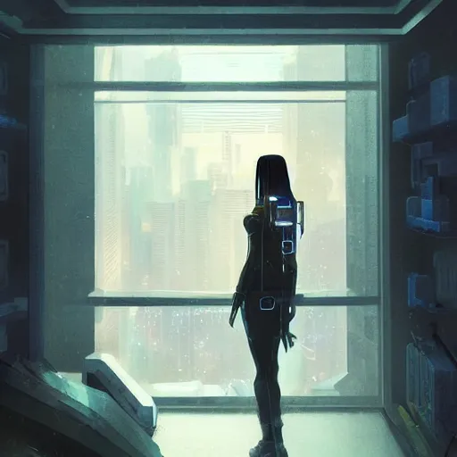 Image similar to portrait of cyberpunk woman looking out of a window, cyberpunk setting, futuristic, highly detailed, intricate lighting, digital painting, sharp focus, illustration, trending on artstation, art by makoto shinkai.