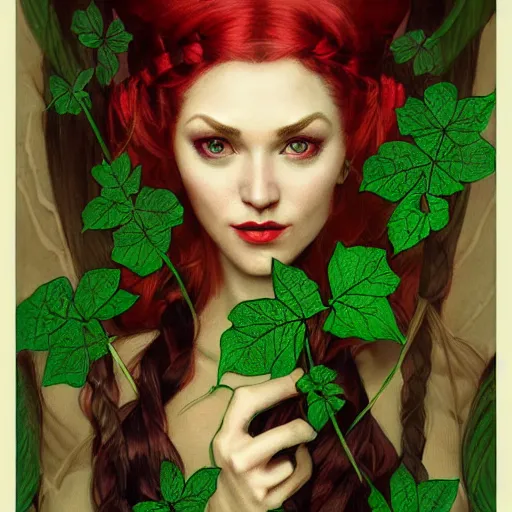 Prompt: a stunning tarot card of a beautiful poison ivy as an elf queen with hair tied in a braid and wearing a seductive red and green dress, dark eyeliner, intricate, elegant, highly detailed, digital painting, artstation, concept art, sharp focus, illustration, art by greg rutkowski and alphonse mucha